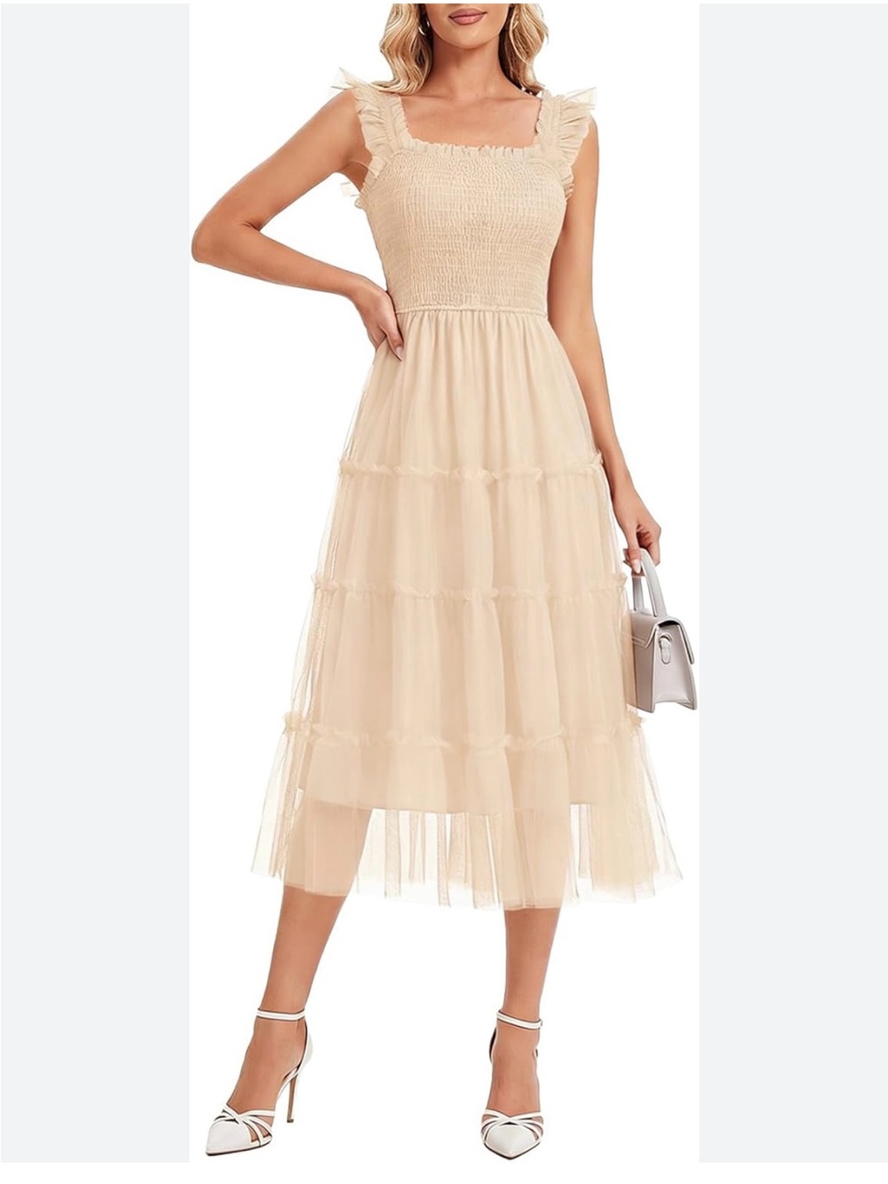 Meetjen Smocked Tulle Midi Dress Beige Ruffle Tiered Wedding Guest Size M